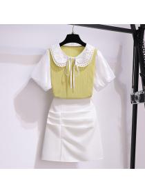 New style Temperament Puff Sleeve Top High Waist A-line Split Skirt Two pieces set