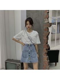 Korean fashion high waist button skirt matching student A-line denim skirt