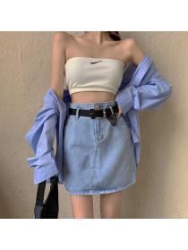 Korean fashion trend loose matching high-waist denim skirt with belt