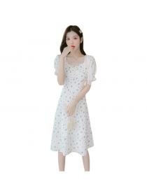 French style square neck slim-waist temperament floral dress