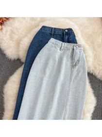 Korean fashion new split mid-length high-waist a-line Denim Skirt