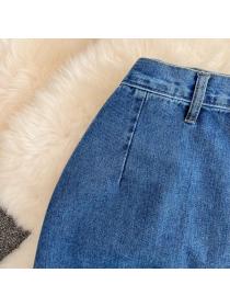 Korean fashion new split mid-length high-waist a-line Denim Skirt