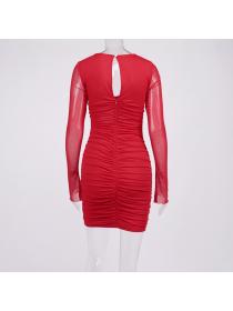 Outlet Hot style Summer new mesh hollow pleated Long sleeve Midi dress