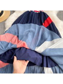 Fashion New Breathable Knit  short sleeve striped splice crimp dress