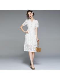 Summer new short-sleeved high-waist lace temperament fairy dress