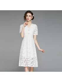 Summer new short-sleeved high-waist lace temperament fairy dress