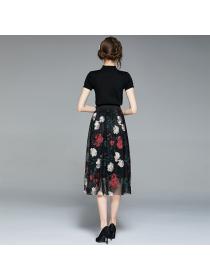 Hot sale Embroidered Large Flower Mesh Skirt + Knitted Half Sleeve Bottoming Shirt