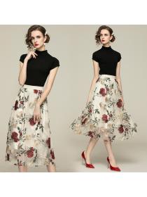 Hot sale Round neck Knitted Shirt+Embroidery Long mesh skirt Two pieces set