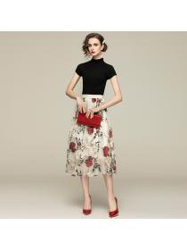 Hot sale Round neck Knitted Shirt+Embroidery Long mesh skirt Two pieces set 