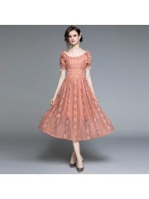Vintage style lace dress women's slim- waist off-shoulder dress