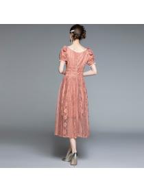 Vintage style lace dress women's slim- waist off-shoulder dress