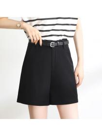 Women's summer thin Black suit shorts high-waist A-line wide-leg shorts(with belt)