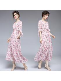 Vintage style V-neck flared sleeve floral chiffon maxi dress