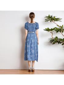 Vintage style embroidery square neck summer denim dress women's slim dress