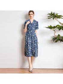 V-neck Slim waist temperament printed denim dress for women