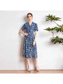 V-neck Slim waist temperament printed denim dress for women
