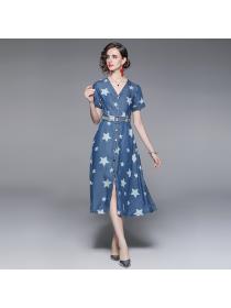 New style Short Sleeve V Neck Star Print Midi Dress