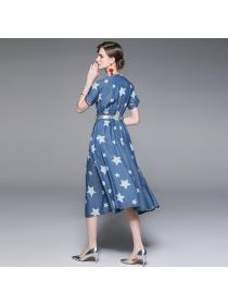 New style Short Sleeve V Neck Star Print Midi Dress