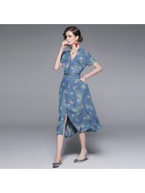 Summer fashion printed single-breasted lace-up denim dress