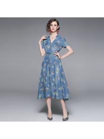 Summer fashion printed single-breasted lace-up denim dress