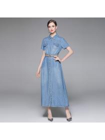 Summer new polka-dot denim dress women's mid-length slim shirt dress