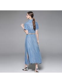 Summer new polka-dot denim dress women's mid-length slim shirt dress