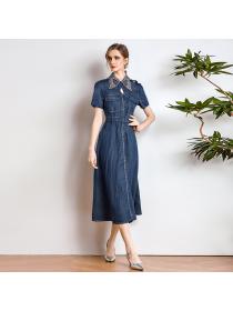 Vintage style embroidered denim short-sleeved dress 
