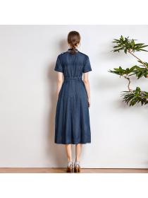 Vintage style embroidered denim short-sleeved dress 