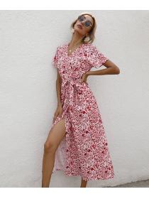 Outlet Summer European fashion floral split sexy short-sleeved dress