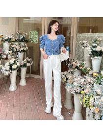 New style Women's Korean Style Fashion Square Neck Short Sleeve Single Breasted Denim Top