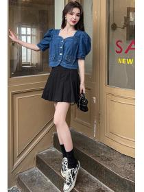 New style Women's Korean Style Fashion Square Neck Short Sleeve Single Breasted Denim Top