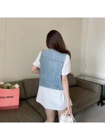New fashion Korean style loose beaded denim vest