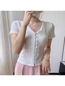 V-neck Pearl buttons short-sleeved T-shirt women's summer new slim Top