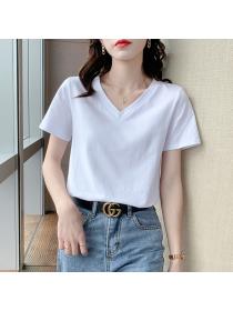 V-neck short-sleeved T-shirt women's loose white bottoming shirt