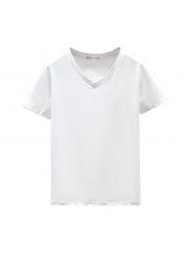 V-neck short-sleeved T-shirt women's loose white bottoming shirt