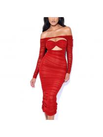 Outlet hot style Women's new sexy mesh pleated off shoulder dress