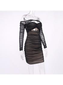 Outlet hot style Black sexy mesh pleated off shoulder bandage dress