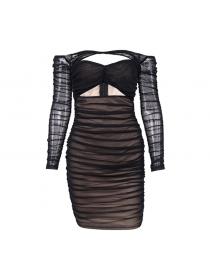 Outlet hot style Black sexy mesh pleated off shoulder bandage dress