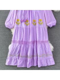 Bohemian long-sleeved V-neck embroidered loose A-line dress seaside holiday elegant dress