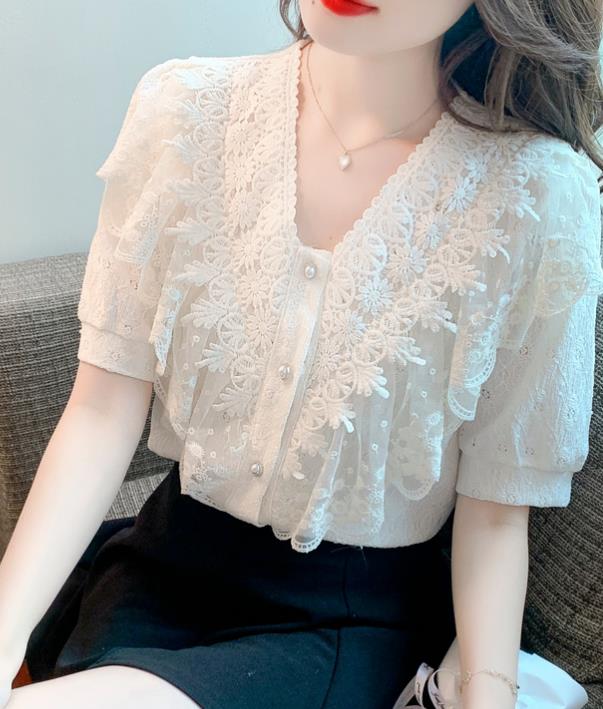 On Sale V  Collars Lace Hollow Out Fashion Top