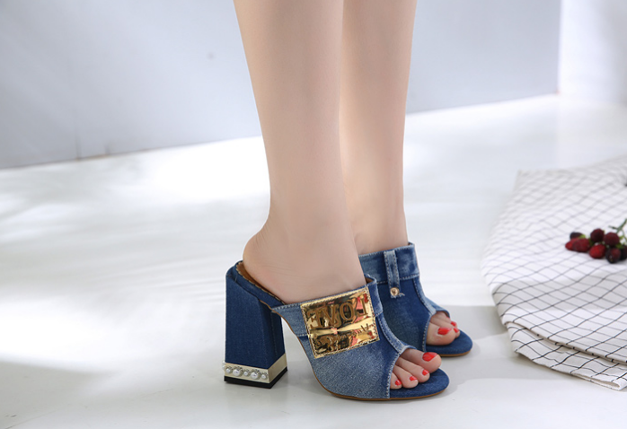 Women's denim slippers high heel fish mouth casual sandals