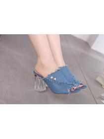 Crystal chunky heel denim slippers fish mouth sandals