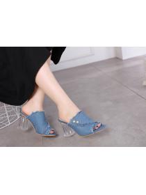 Crystal chunky heel denim slippers fish mouth sandals