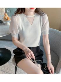 Hollow Out  lace bottoming women's round neck design sense  blouse 
