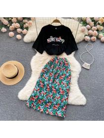 Korea style Fashion t-shirt Floral print Skirt 2pcs set