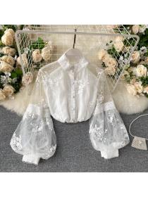 Vintage style Stand collar Embroidery Puff sleeve Lace Blouse for women
