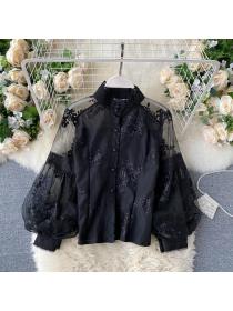 Vintage style Stand collar Embroidery Puff sleeve Lace Blouse for women