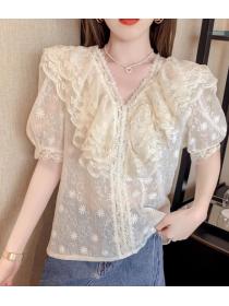 Fashionable temperament ruffled ∨ collar lace shirt short-sleeved top
