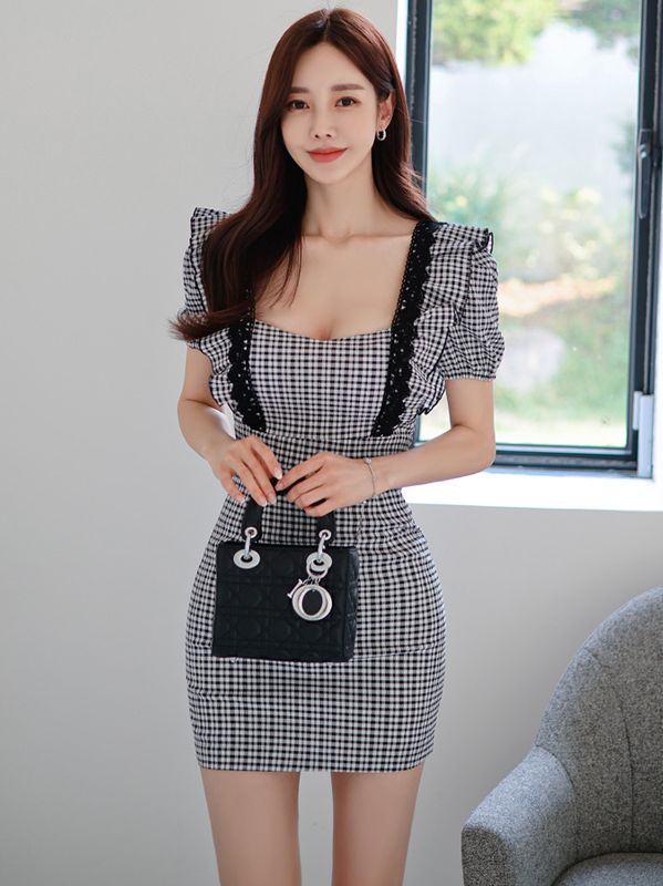 Korean Style  temperament slim stitching lace fashion plaid waist bag hip dress