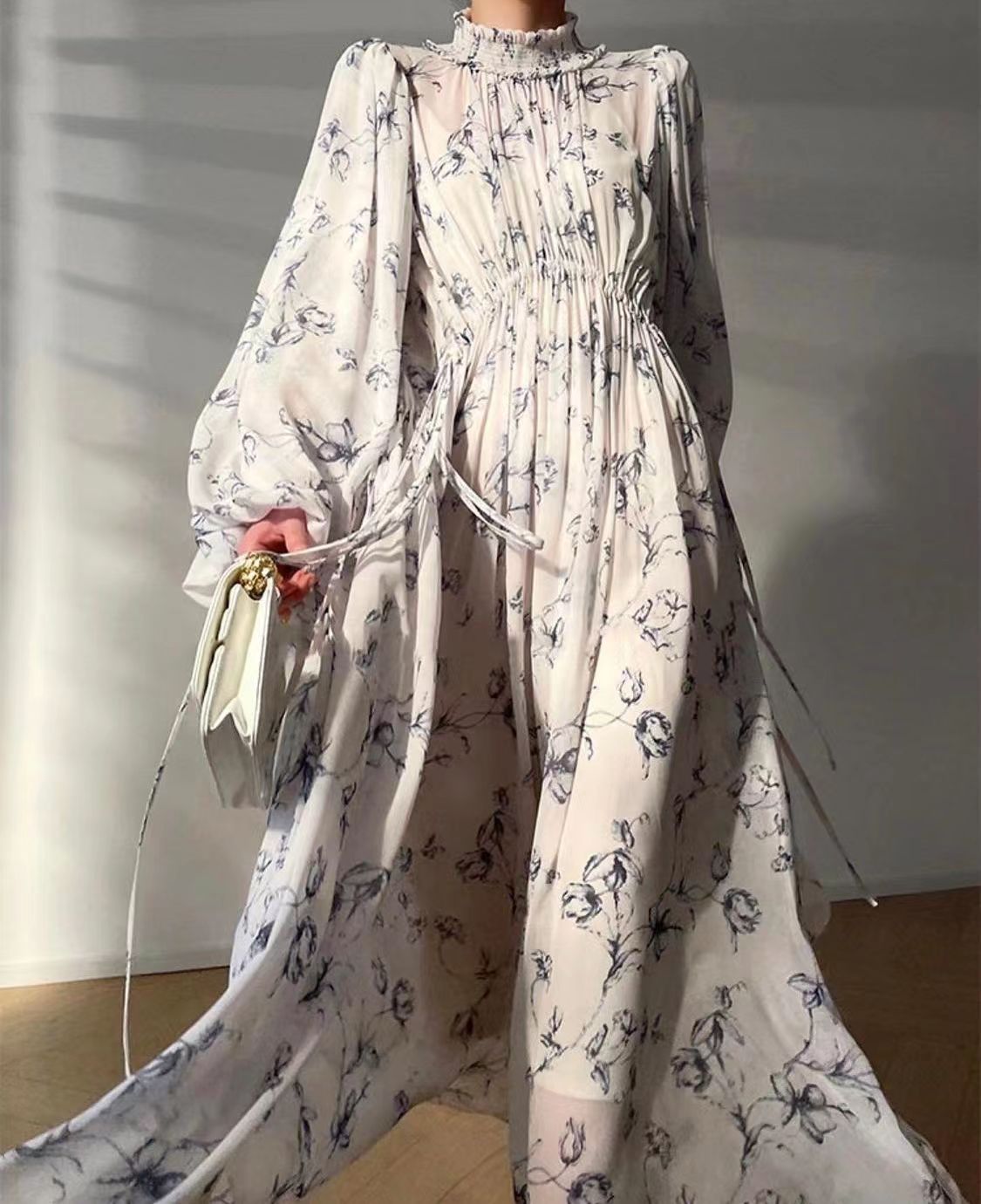 French style fashion design elegant  printing lantern sleeve long dress